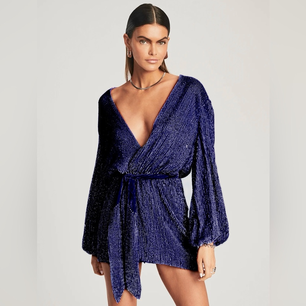 NWT GABRIELLE RETROFETE WRAP SEQUIN BEADED Deep Blue Velvet NAVY Mini Dress BO